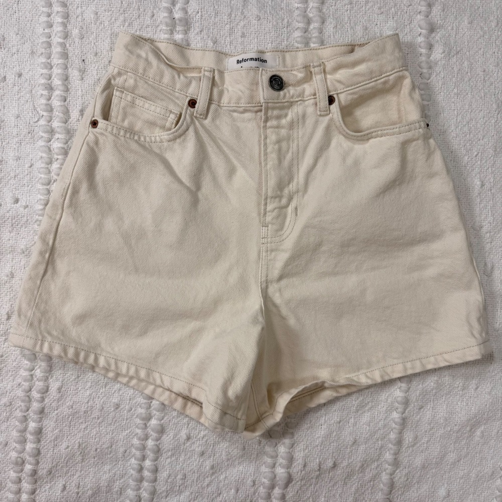 Reformation Jeans Womens 24 Cream High Rise Denim Shorts Off White Ivory Solid